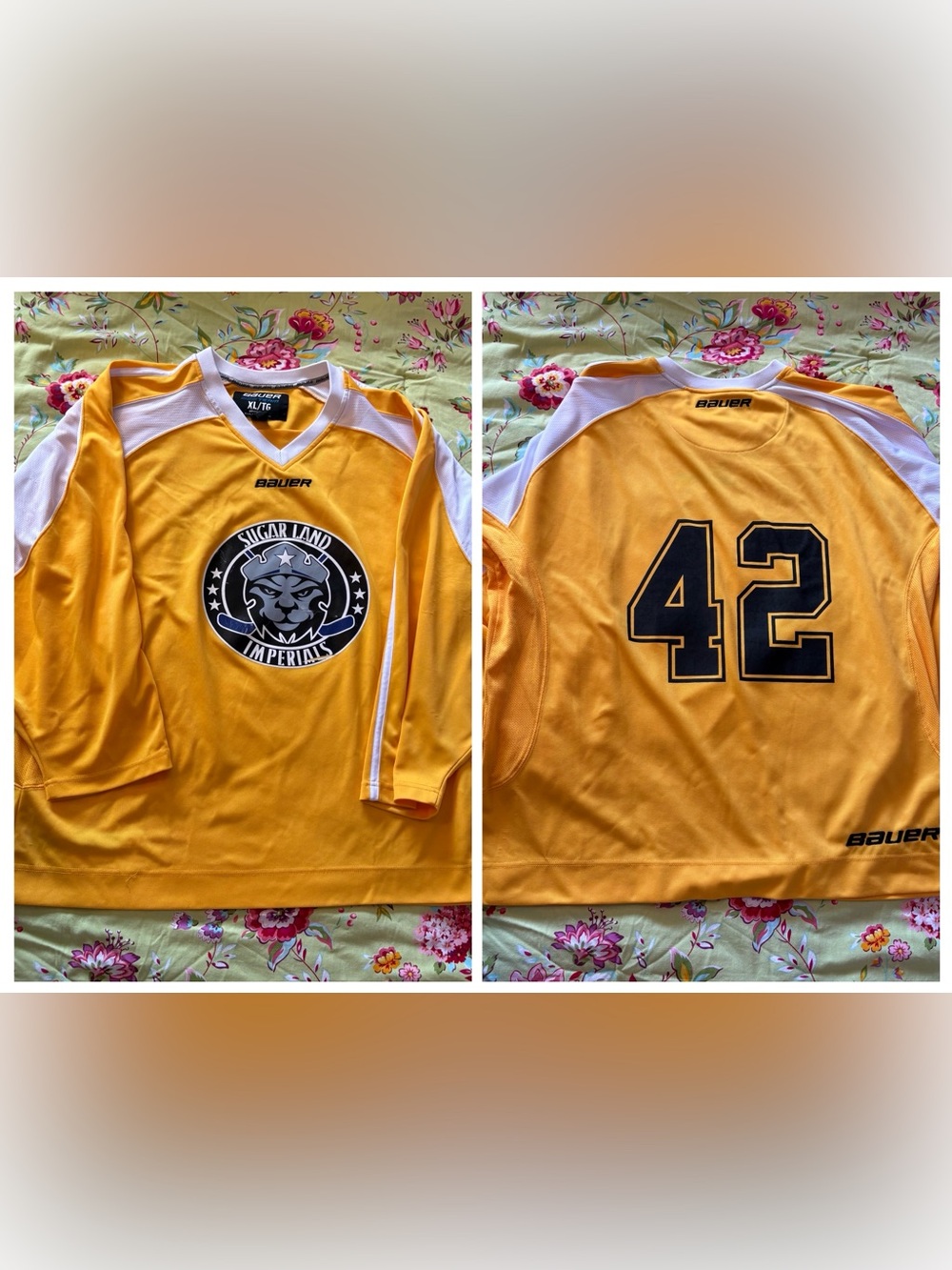 Sugar Land Imperials x Bauer #42 yellow hockey jersey XL 30x30 GUC